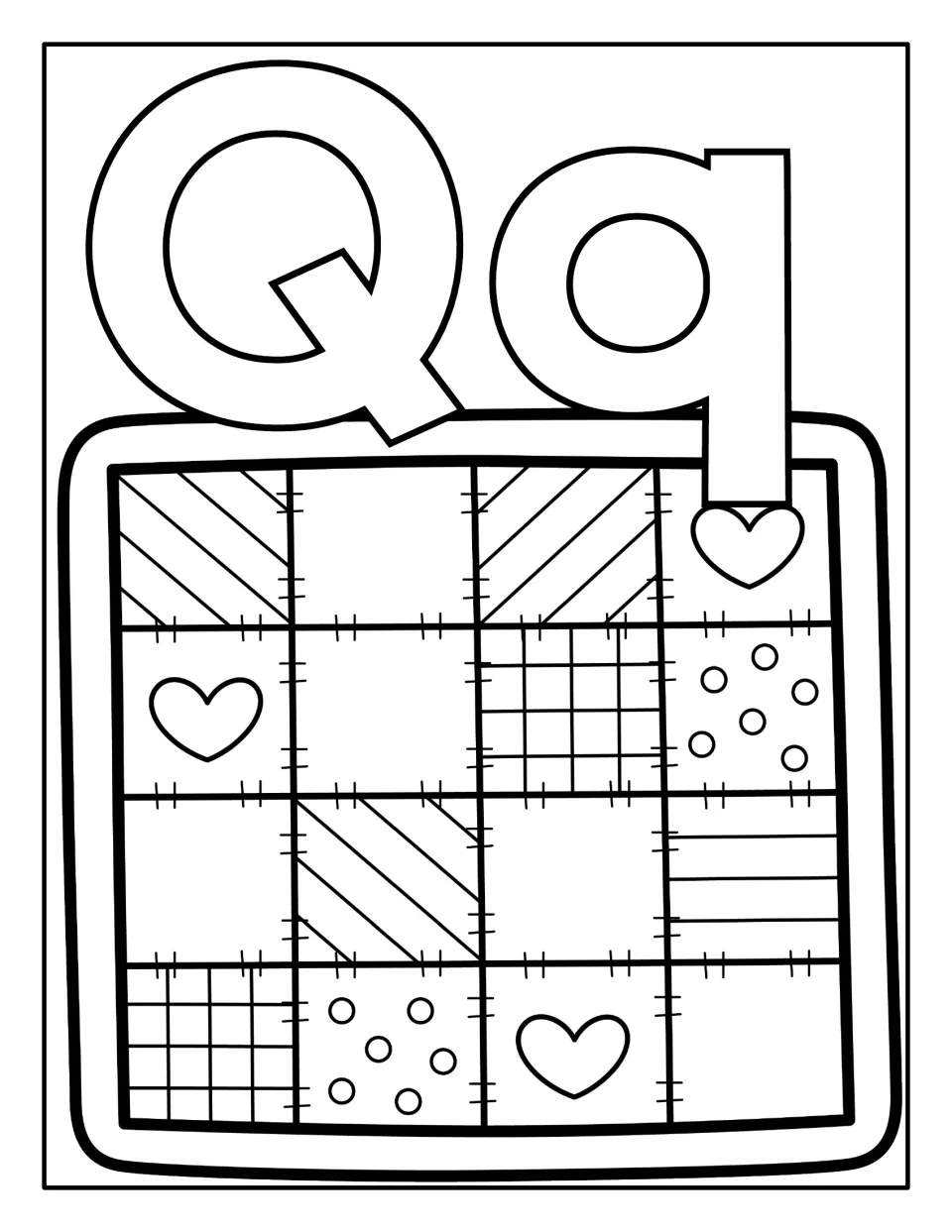 Letter Q coloring sheet pairing uppercase Q and lowercase q with a large patchwork quilt to color