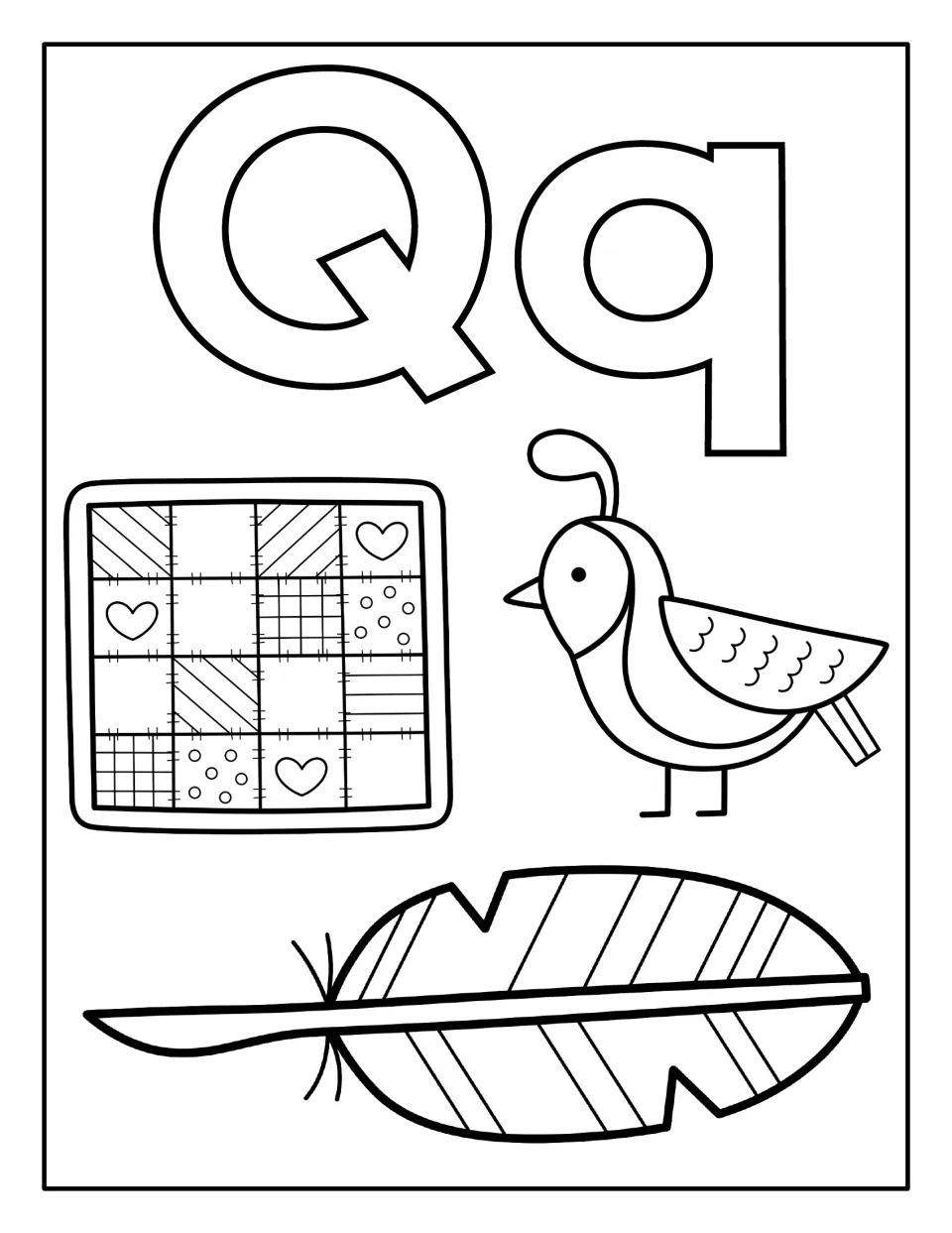 Letter Q coloring sheet featuring uppercase Q and lowercase q alongside a quilt, quail, and quill to color