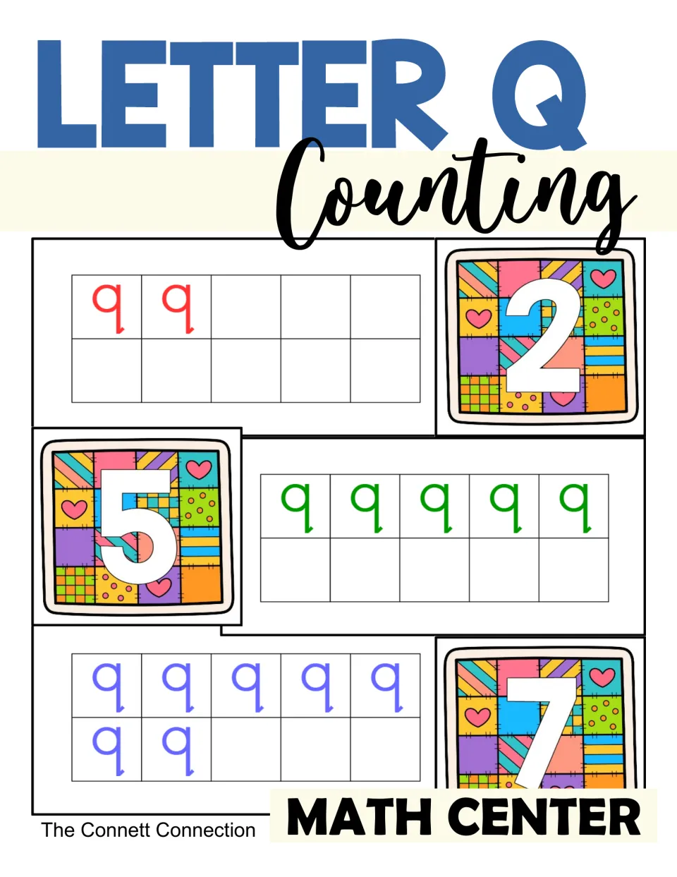 Cover of Letter Q Counting to 10 Center, showing lowercase q counting cards paired with numbers 2, 5, and 7