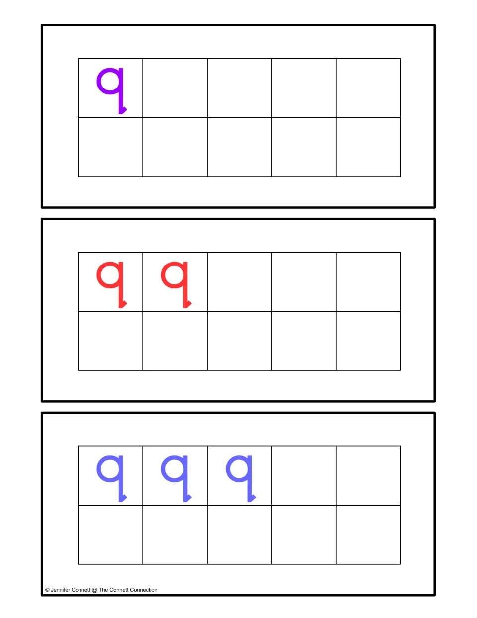 Lowercase q counting cards for quantities 1, 2, and 3, to match with the corresponding quilt number cards