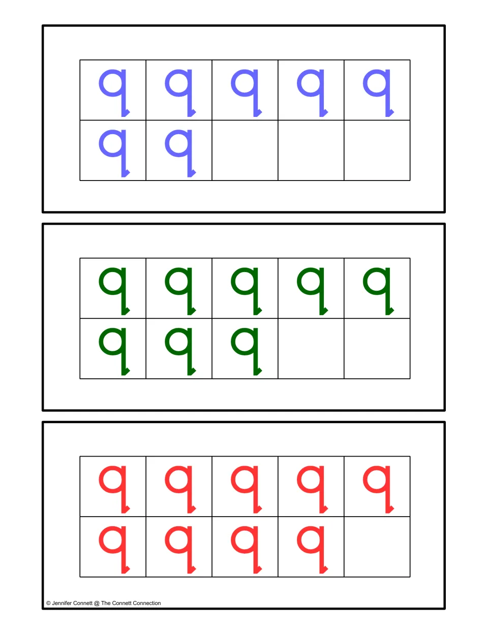 Lowercase q counting cards for quantities 7, 8, and 9, to match with the corresponding quilt number cards