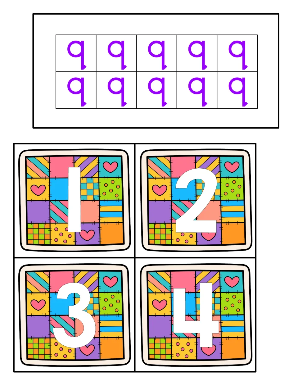 Final lowercase q counting card showing 10 q's, plus quilt number cards 1, 2, 3, and 4 for quantity matching