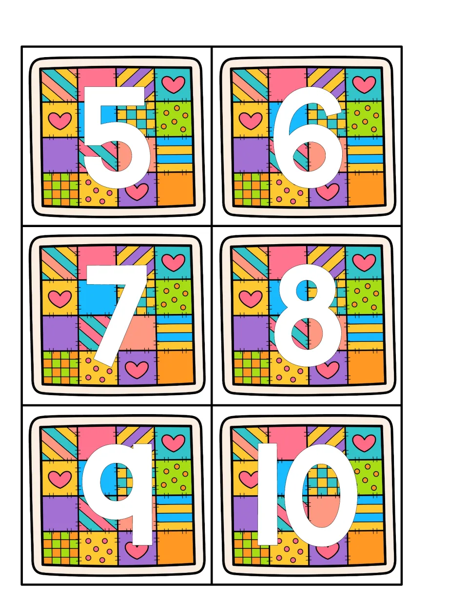 Quilt number cards 5, 6, 7, 8, 9, and 10 for matching to lowercase q counting cards in the counting center