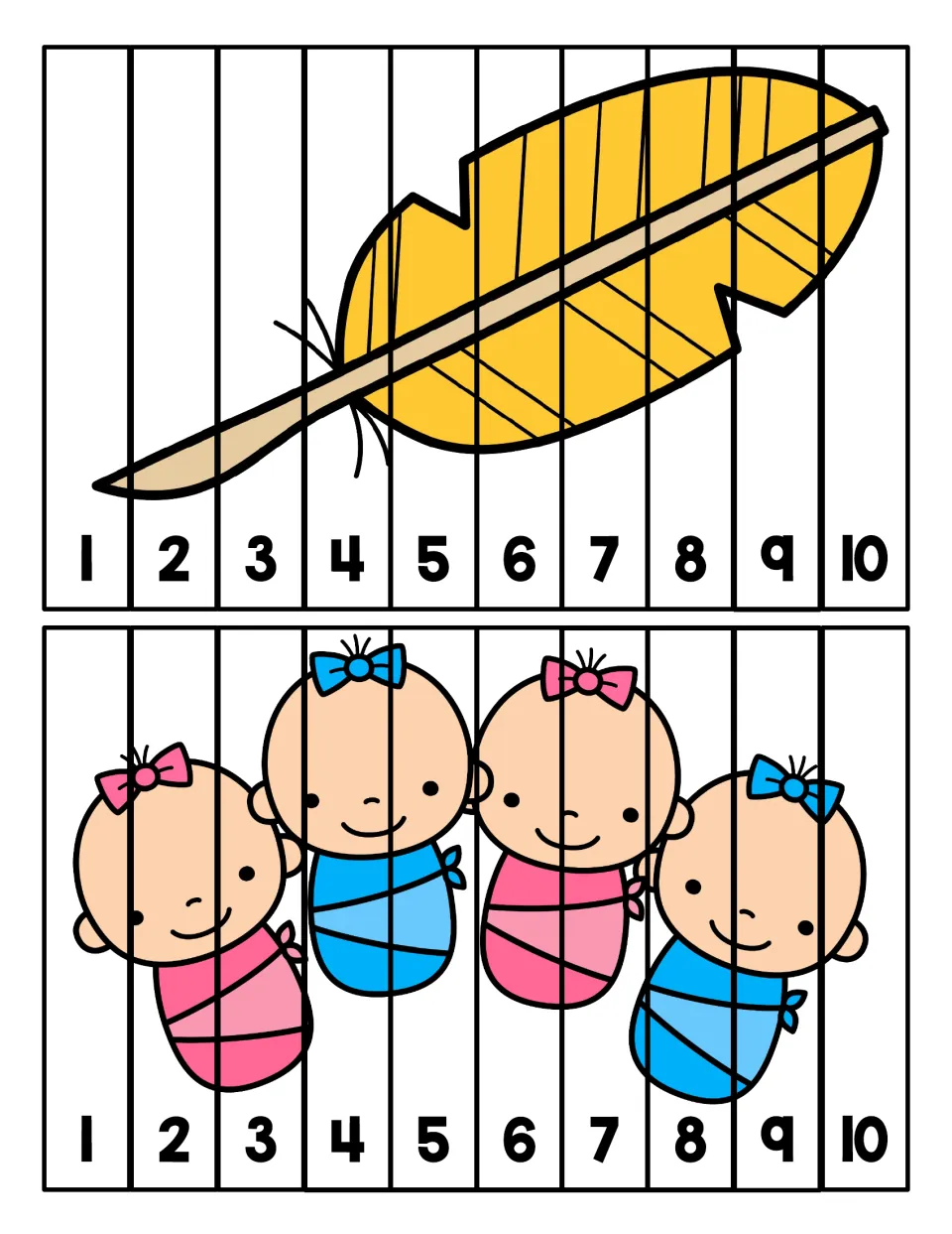 Quill and quadruplets puzzles: students sequence strips numbered 1 to 10 to rebuild each picture, counting forward