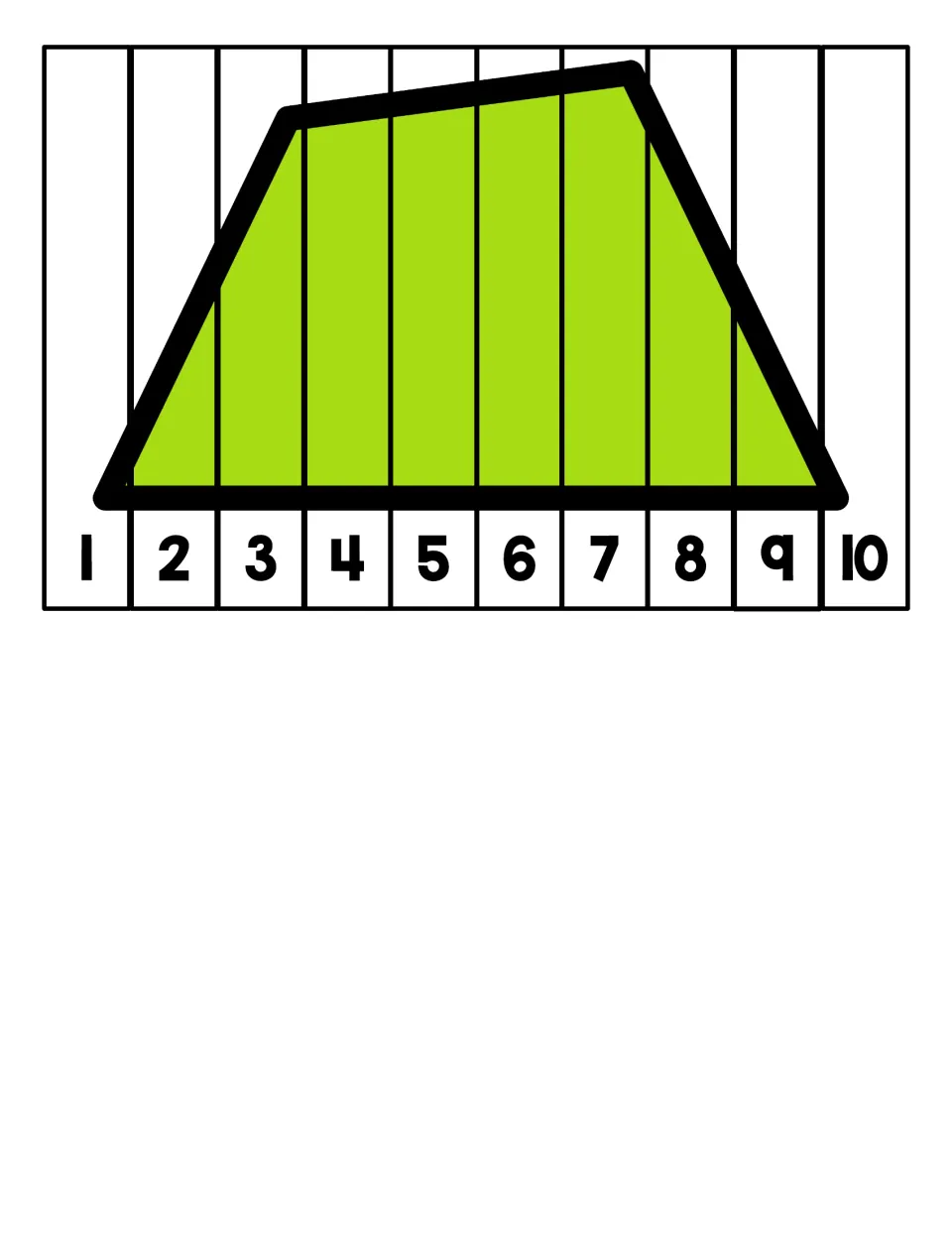 Quadrilateral puzzle: students put 10 numbered strips in order from 1 to 10 to rebuild a green four-sided shape