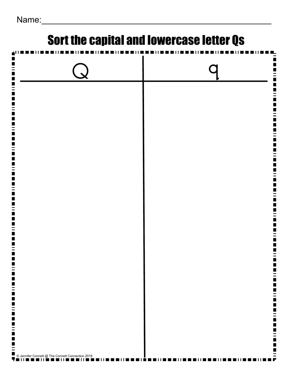 Capital and lowercase Q sort mat: students sort letter Qs under a capital Q heading or a lowercase q heading
