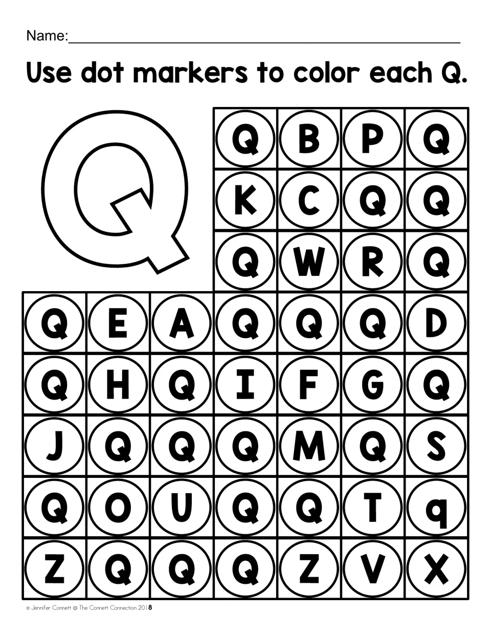 Uppercase Q recognition worksheet: color each Q with dot markers among letters such as B, P, K, and C.