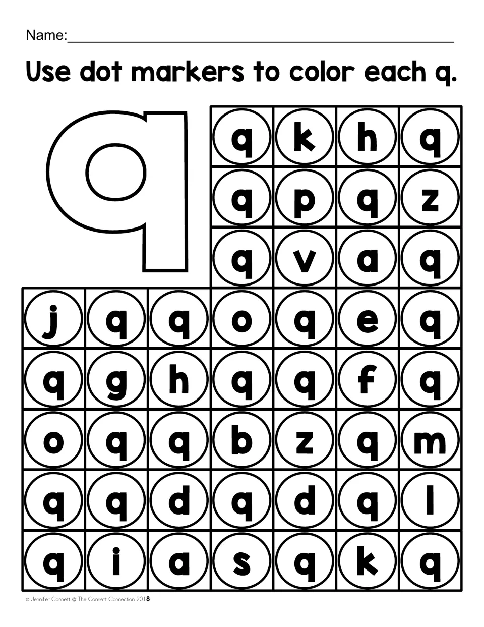 Lowercase q recognition worksheet: color each q with dot markers among letters such as k, h, p, and z.
