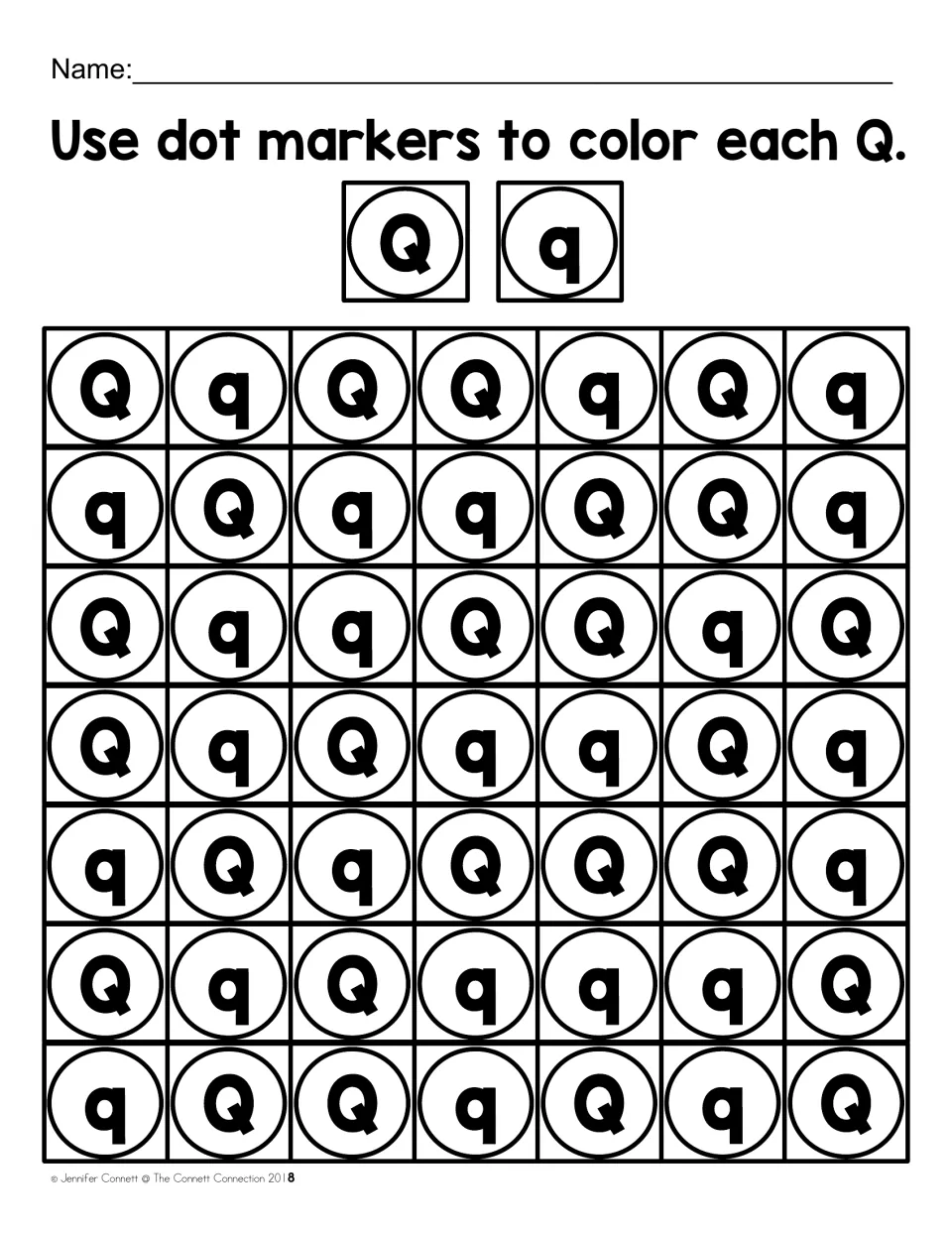 Letter case recognition worksheet: color each uppercase Q with dot markers among uppercase Q and lowercase q.
