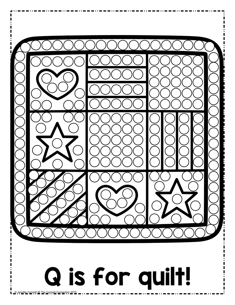 Q is for quilt: students dab a dot into every circle of a patchwork quilt with hearts, stars and stripes