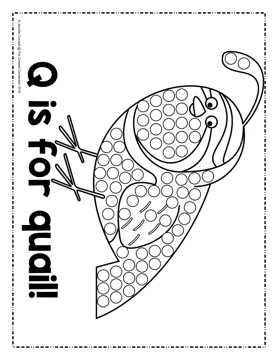Q is for quail: students dot paint the circles on a cartoon quail with a curled head feather, page set sideways