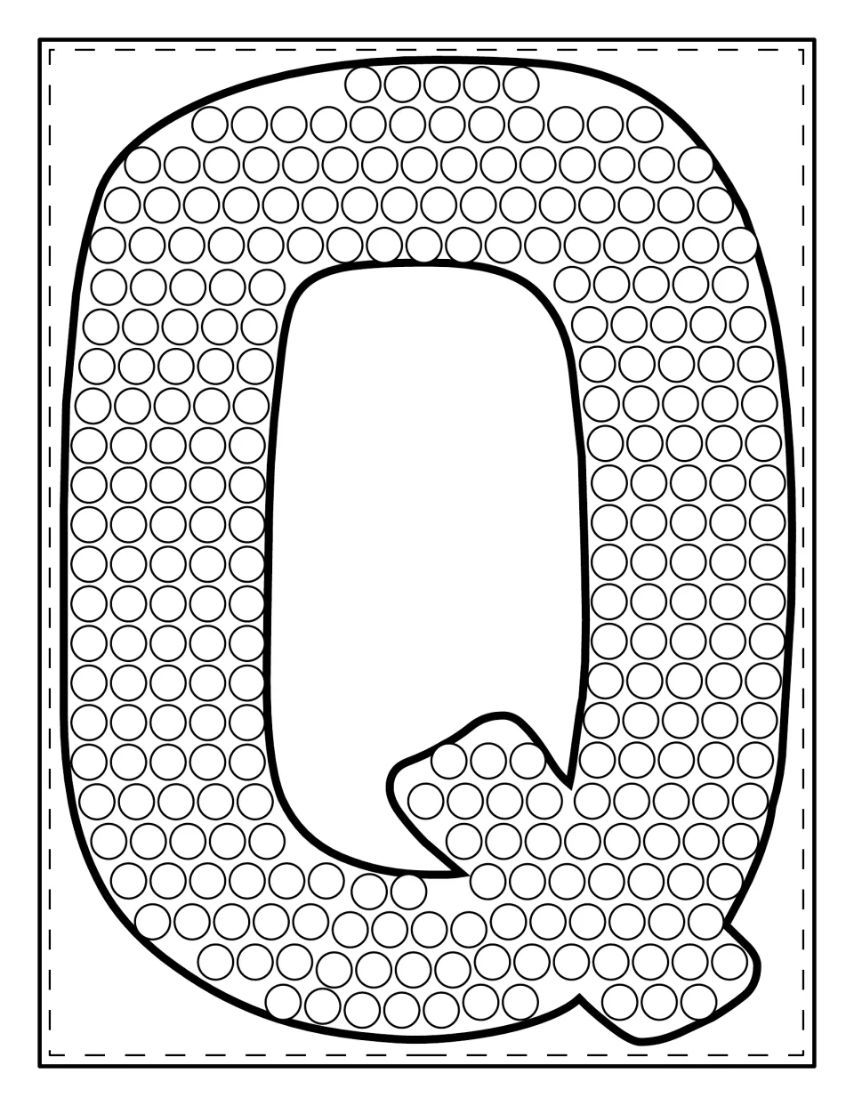 Uppercase Q dot painting: students fill every circle in a large capital Q to trace the letter shape with dot markers