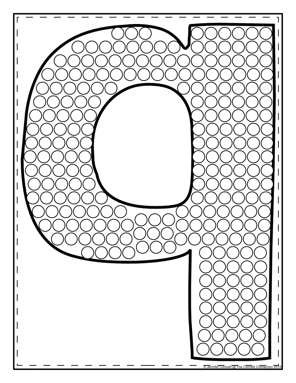 Lowercase q dot painting: students dab each circle in a large lowercase q, following its round body and long tail