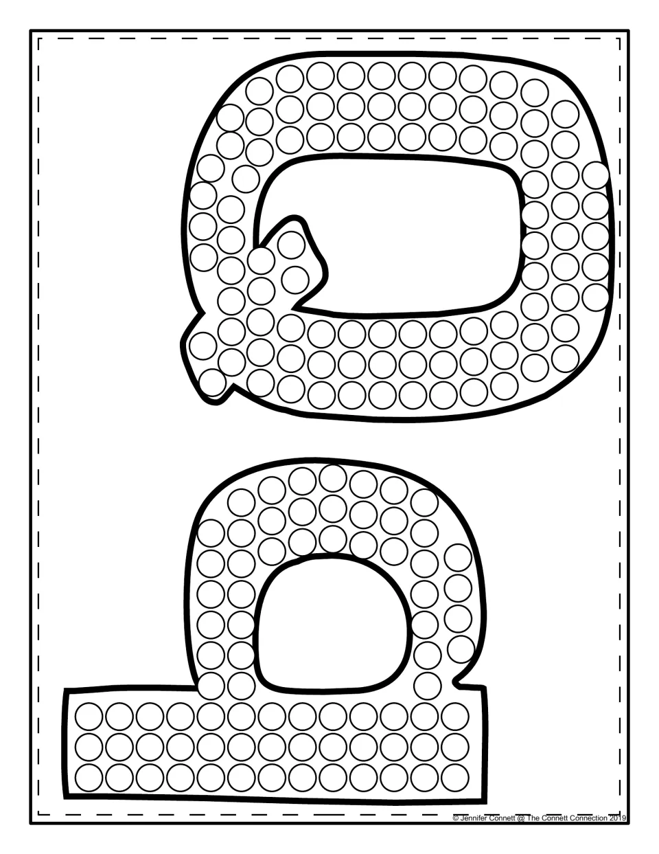 Uppercase Q and lowercase q shown together sideways: students dot paint both letters, the capital and small forms