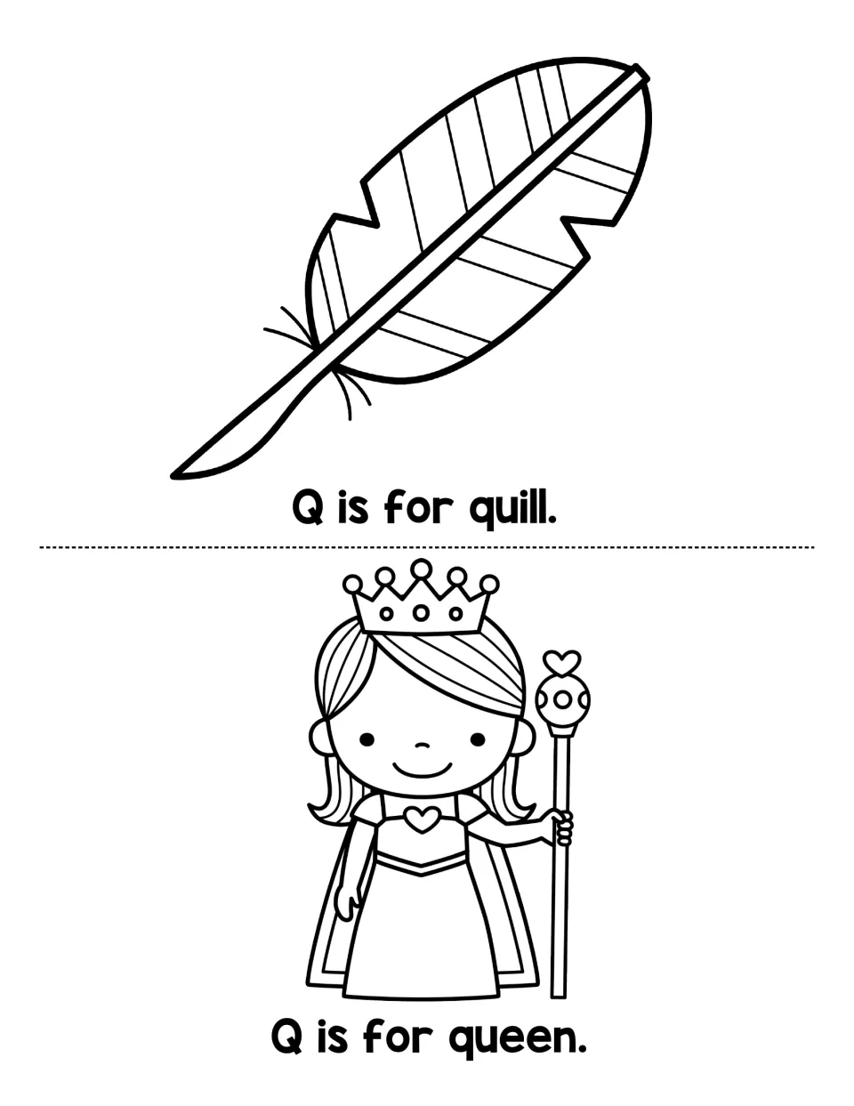 Two letter Q mini book pages with a feather quill and queen, reading 'Q is for quill' and 'Q is for queen.'