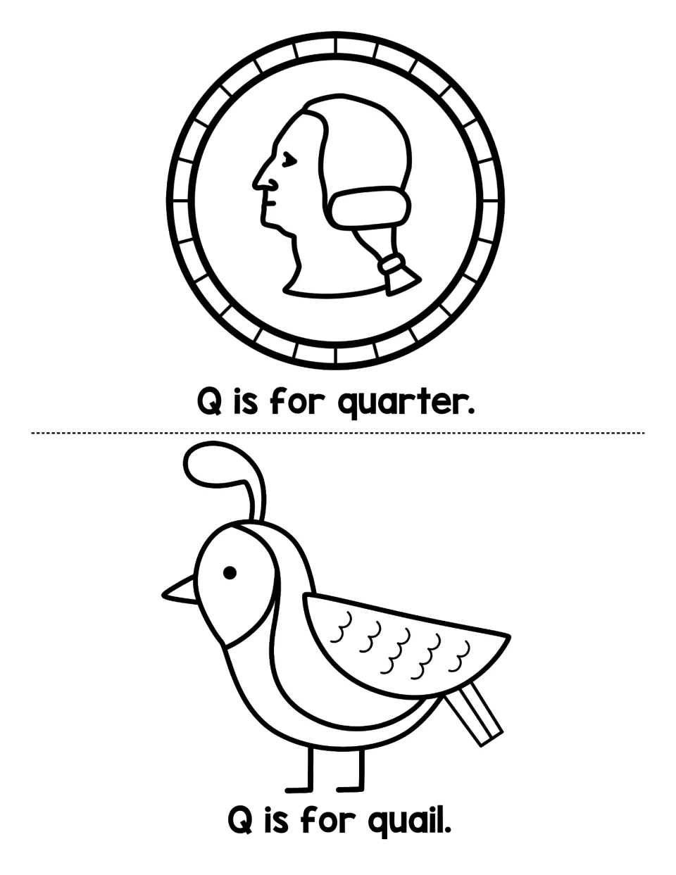 Two letter Q mini book pages with a coin and bird, reading 'Q is for quarter' and 'Q is for quail.'