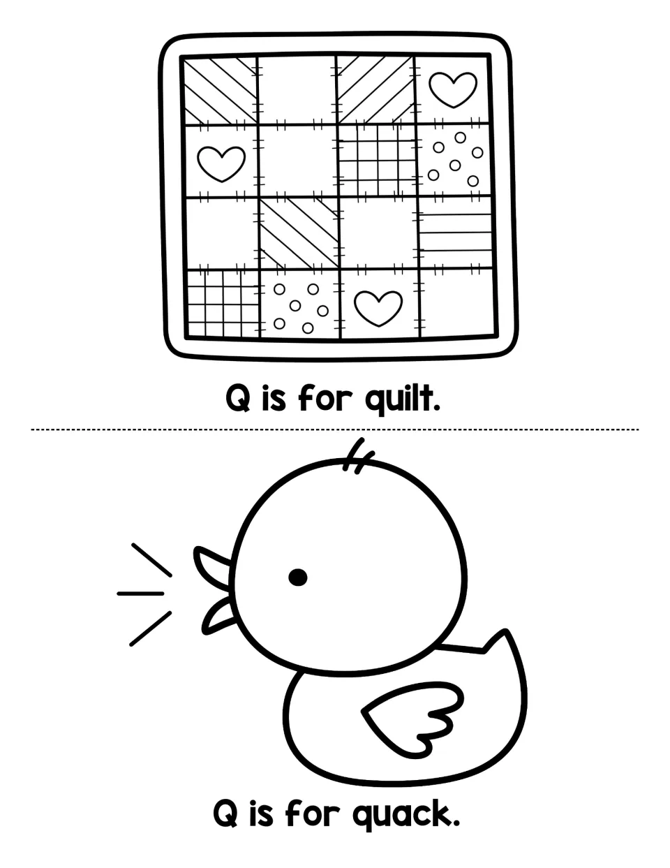 Two letter Q mini book pages with a quilt and duck, reading 'Q is for quilt' and 'Q is for quack.'