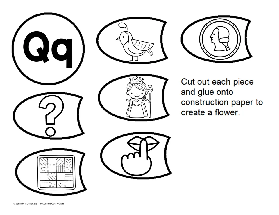 Letter Q sound pieces: students cut out a Qq center and petals showing quail, quarter, queen, quilt, question mark, quiet