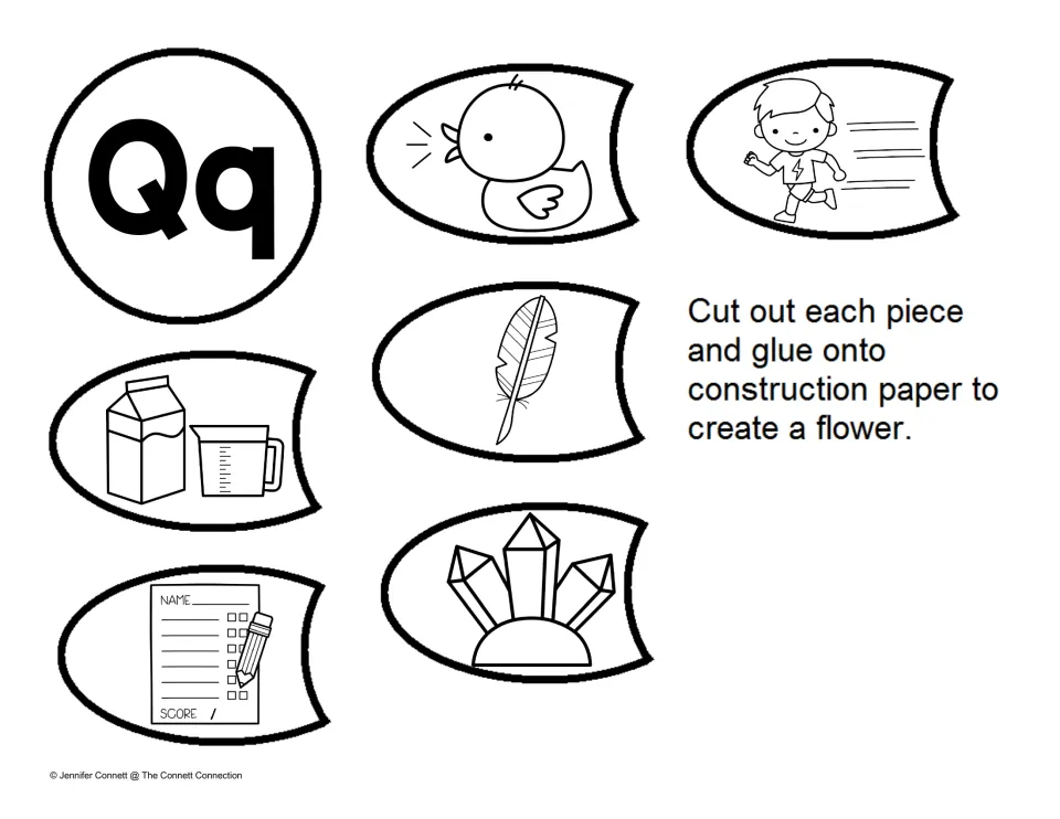 More Q sound flower petals to cut and glue: quack, quick, quill, quart, quiz and quartz pictures with a Qq center piece