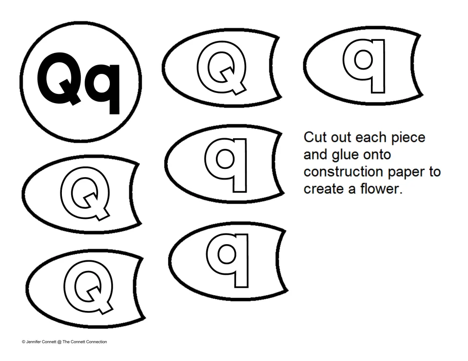 Letter recognition petals: students cut out petals with outlined uppercase Q and lowercase q and glue around a Qq center