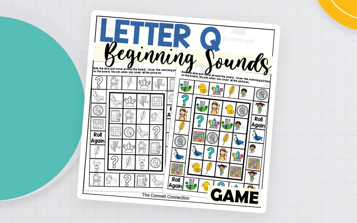Letter Q Beginning Sounds game cover with four roll-and-cover boards and picture grids.