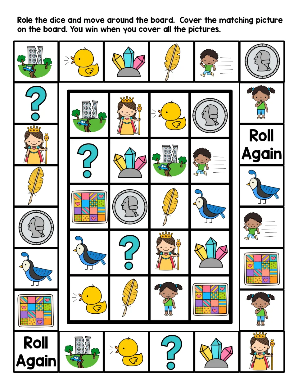 Letter Q picture board game in color: students roll a die, move, and cover matching quail, queen, quilt and quarter pictures