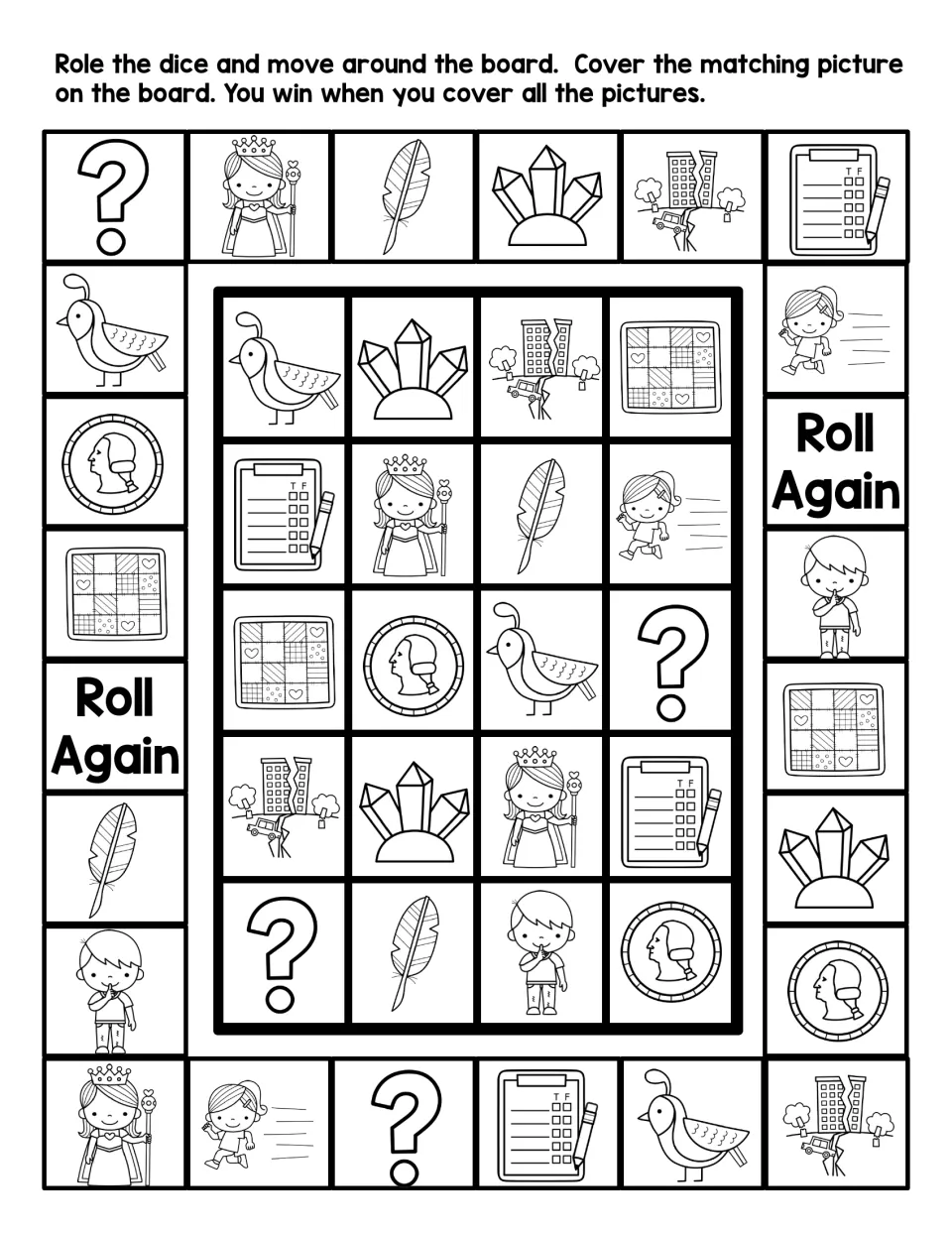 Black-and-white Q beginning-sound board game: roll, move and cover matching quiz, quill, quartz, quake and quiet pictures