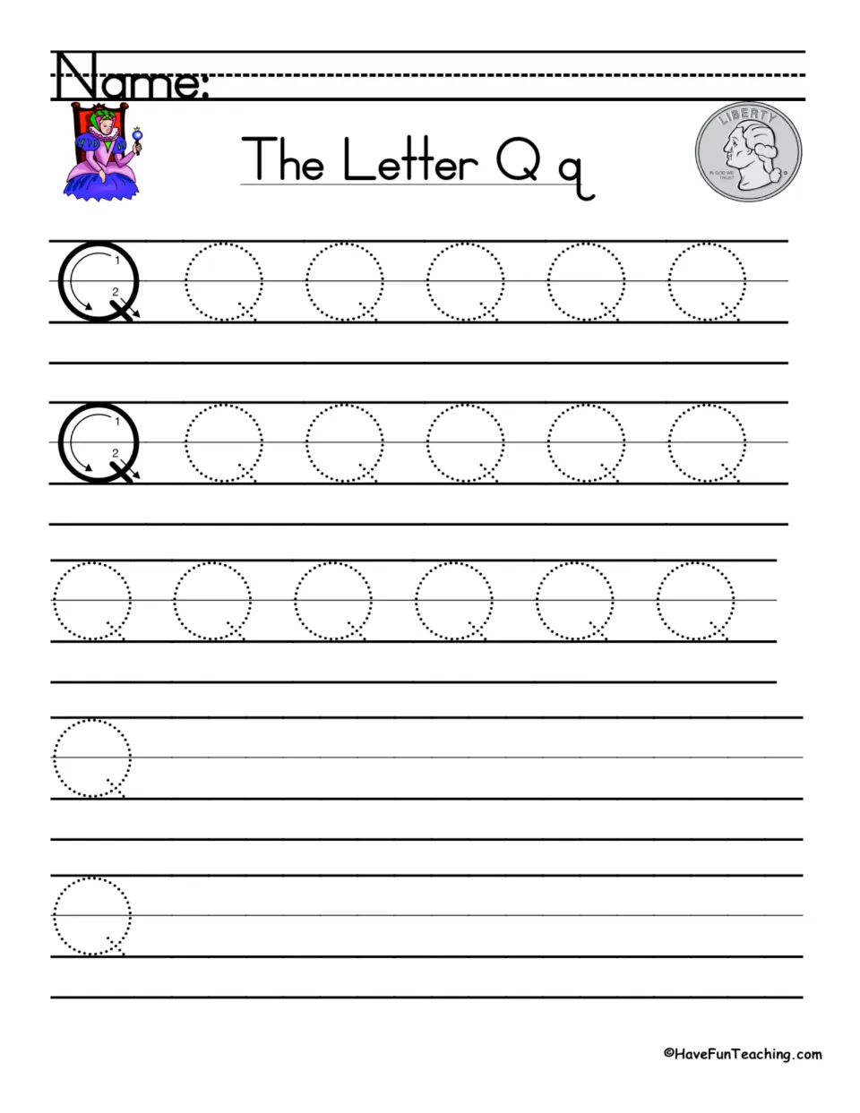 Uppercase Q handwriting: students follow numbered stroke arrows, trace dotted Q rows, then write Q on their own