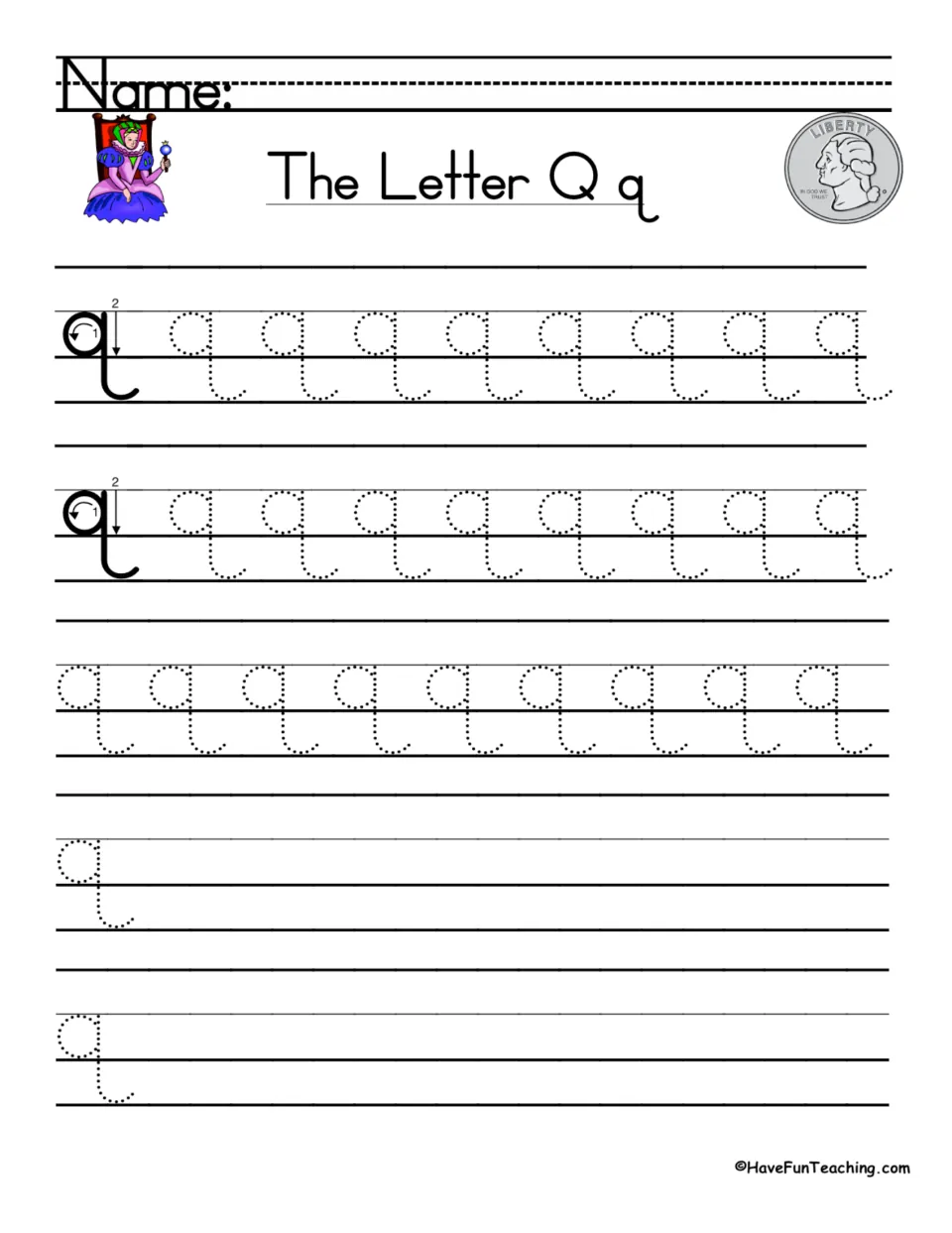 Lowercase q handwriting: students follow a two-step stroke guide, trace rows of dotted q, then write q independently