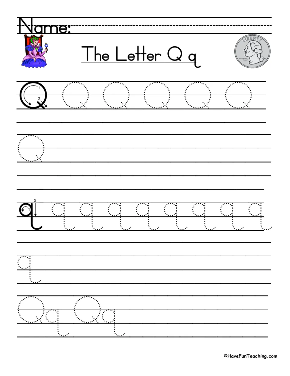 Mixed Q and q review: students trace capital and lowercase q with stroke guides, then trace the Qq letter pair