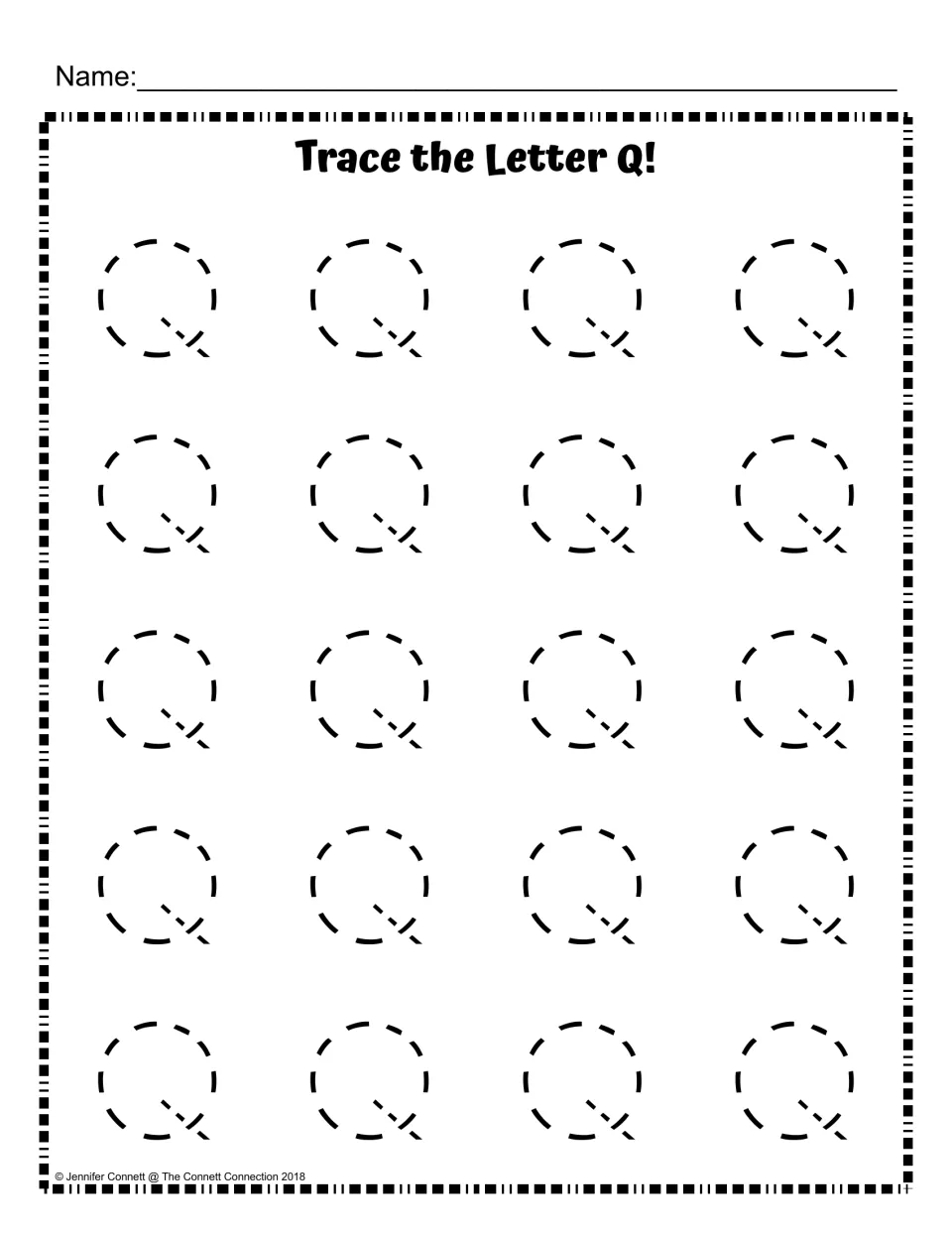 Trace the Letter Q: students trace 20 dashed capital Q letters to practise forming the uppercase letter with a tail
