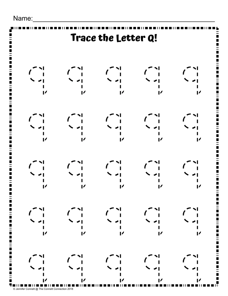 Trace the Letter Q: students trace 25 dashed lowercase q letters, practising the circle and the hooked down stroke