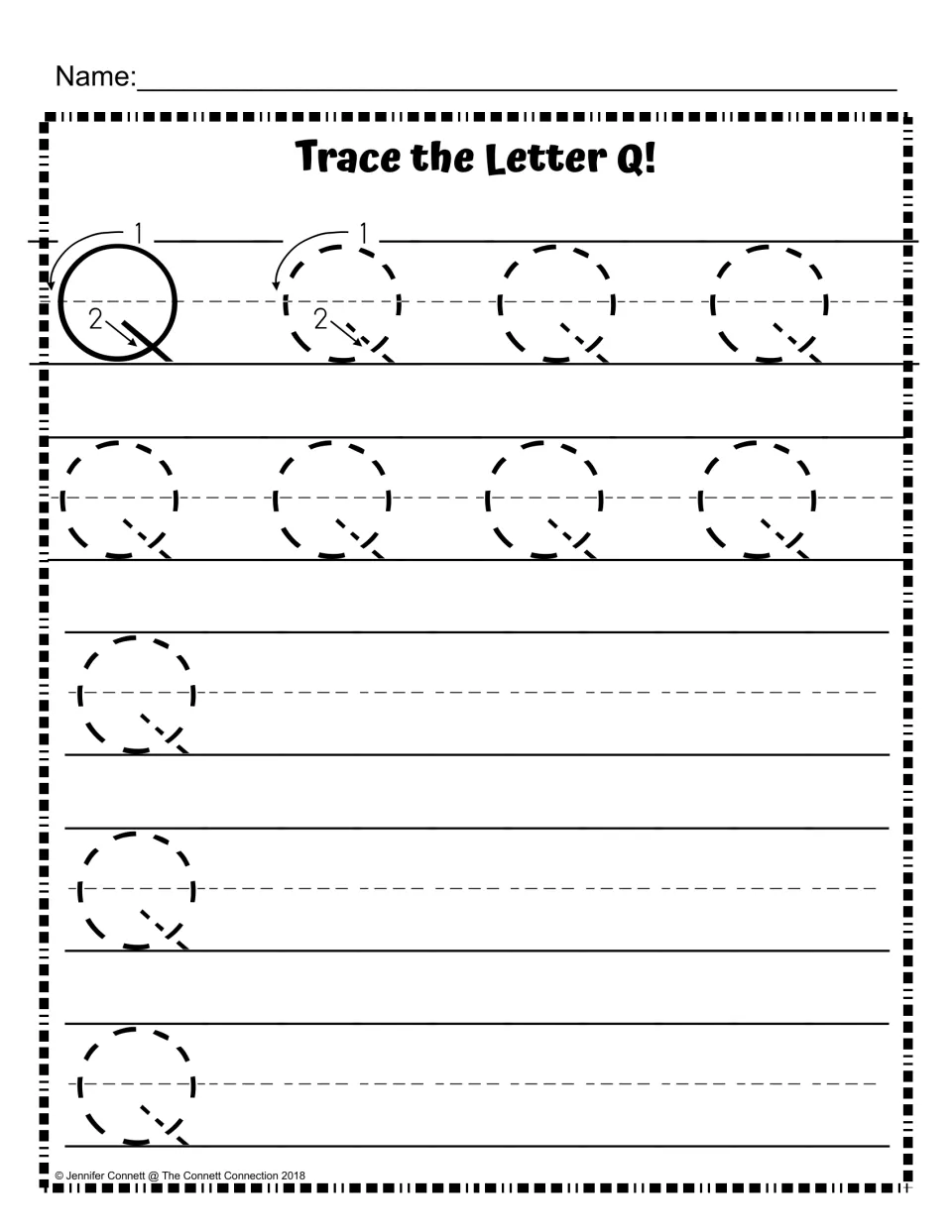 Capital Q formation: a numbered stroke model, eight dashed Qs to trace, then space to write Q on their own