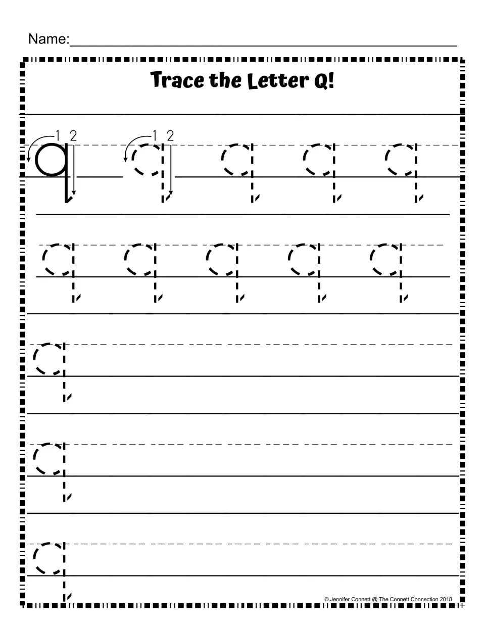 Lowercase q formation: numbered stroke model, ten dashed q letters to trace, then space to write q independently
