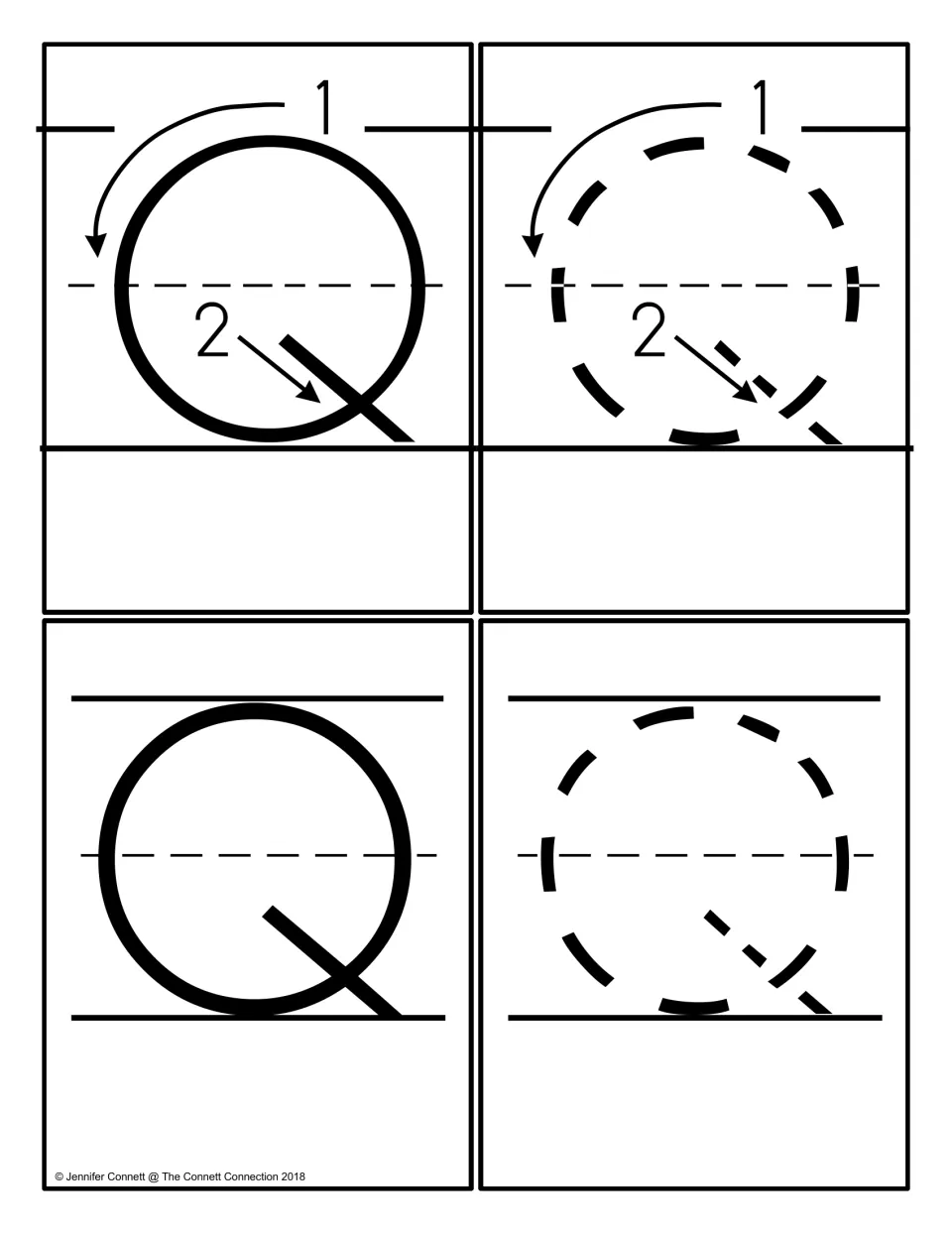 Uppercase Q cards: a solid and a dashed Q with numbered stroke arrows, plus a plain solid Q and a dashed Q for tracing