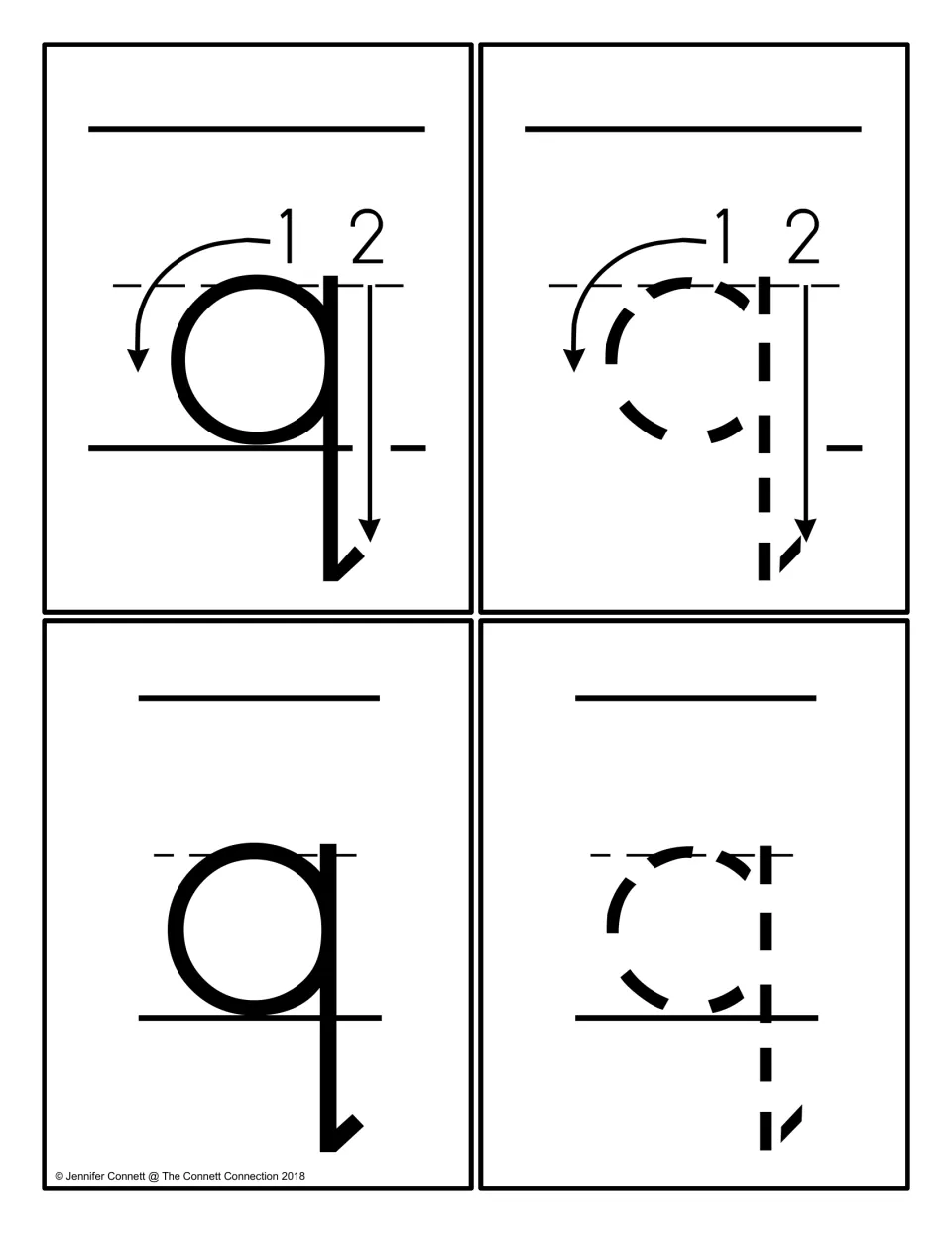 Lowercase q cards: solid and dashed q showing the numbered circle and down strokes, plus a plain solid q and a dashed q