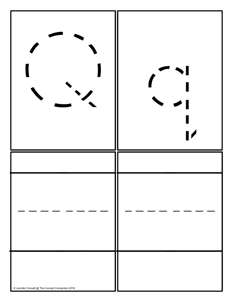 Letter Q tracing cards: one dashed capital Q, one dashed lowercase q, and two blank cards for students to write Q and q