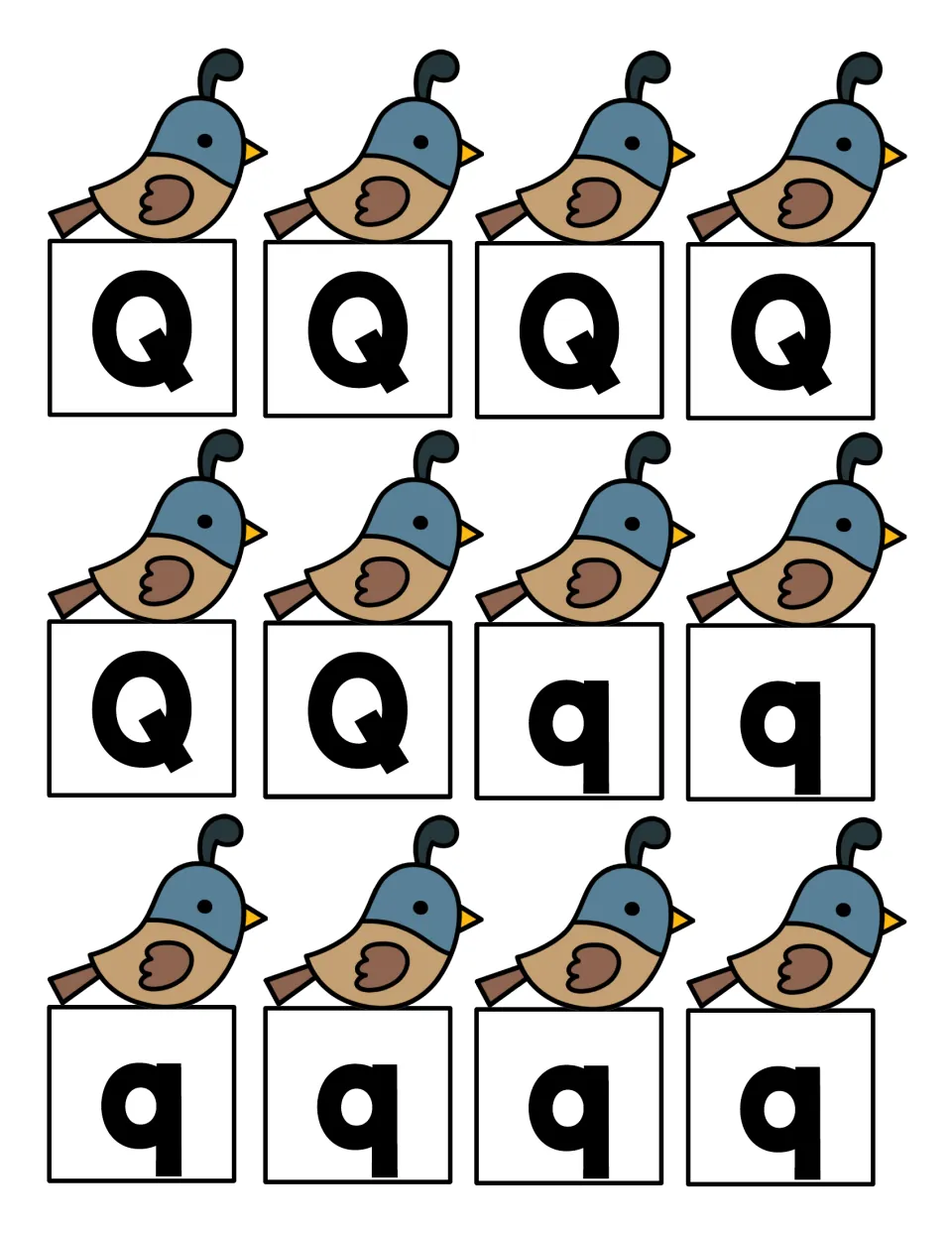 Quail sorting cards: 12 cut-apart quail birds, six on a capital Q card and six on a lowercase q card, to sort