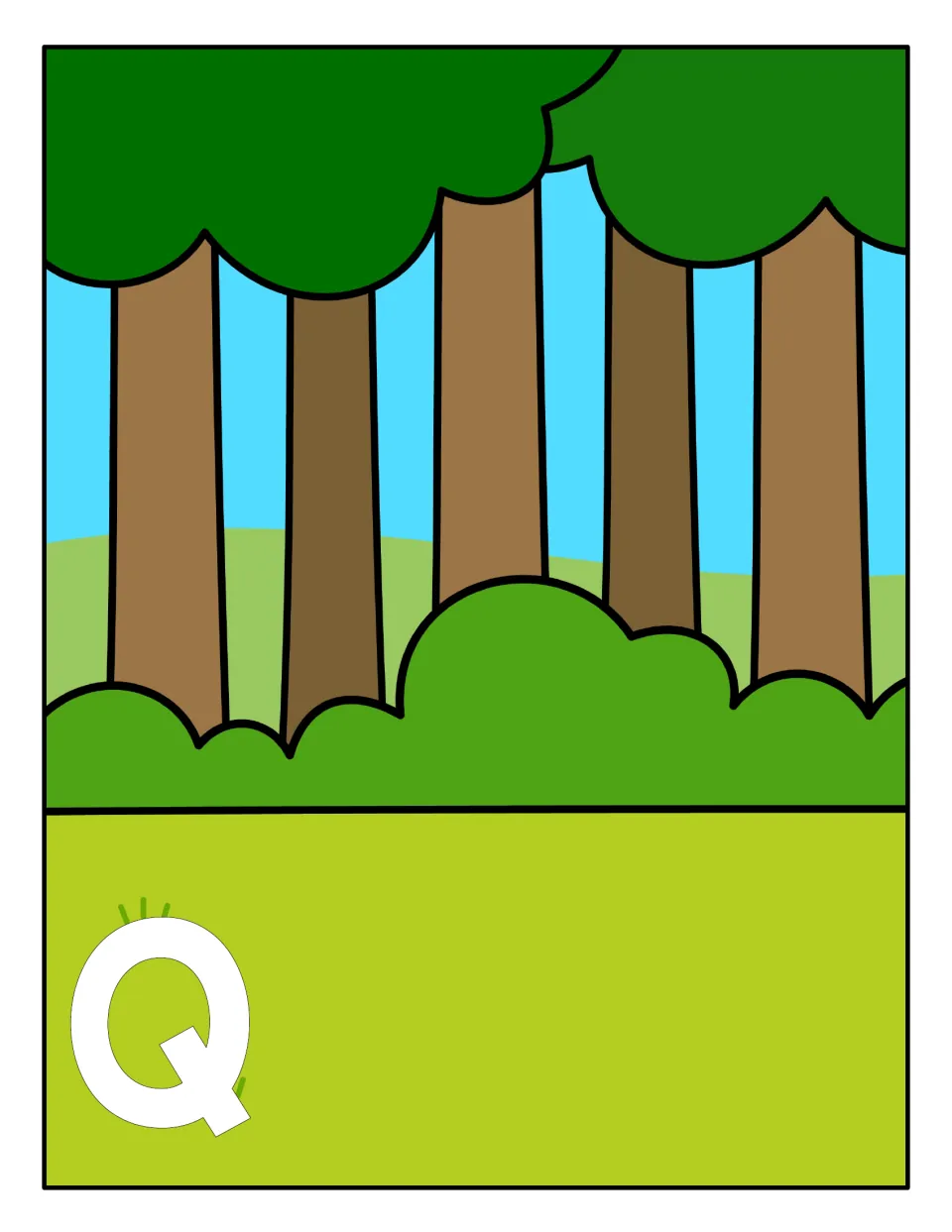 Capital Q sorting mat: a forest scene with a large outlined Q, where students place each quail card showing capital Q
