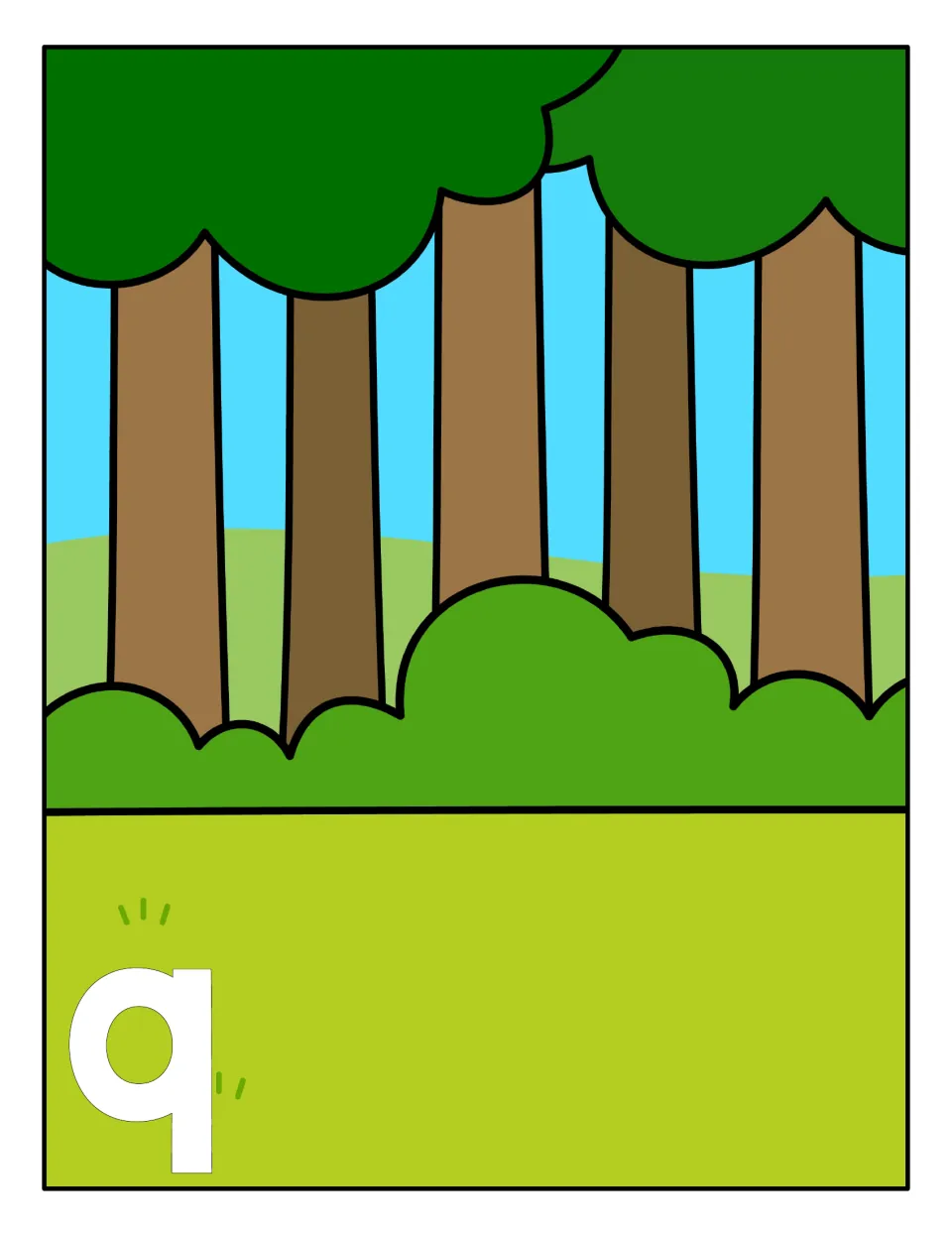 Lowercase q sorting mat: matching forest scene with a large outlined q, where students place every quail card showing q
