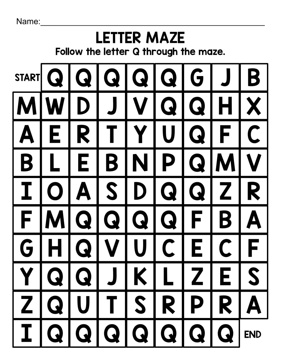 Uppercase Q letter maze: students trace a path of capital Qs from START to END through a large field of mixed letters