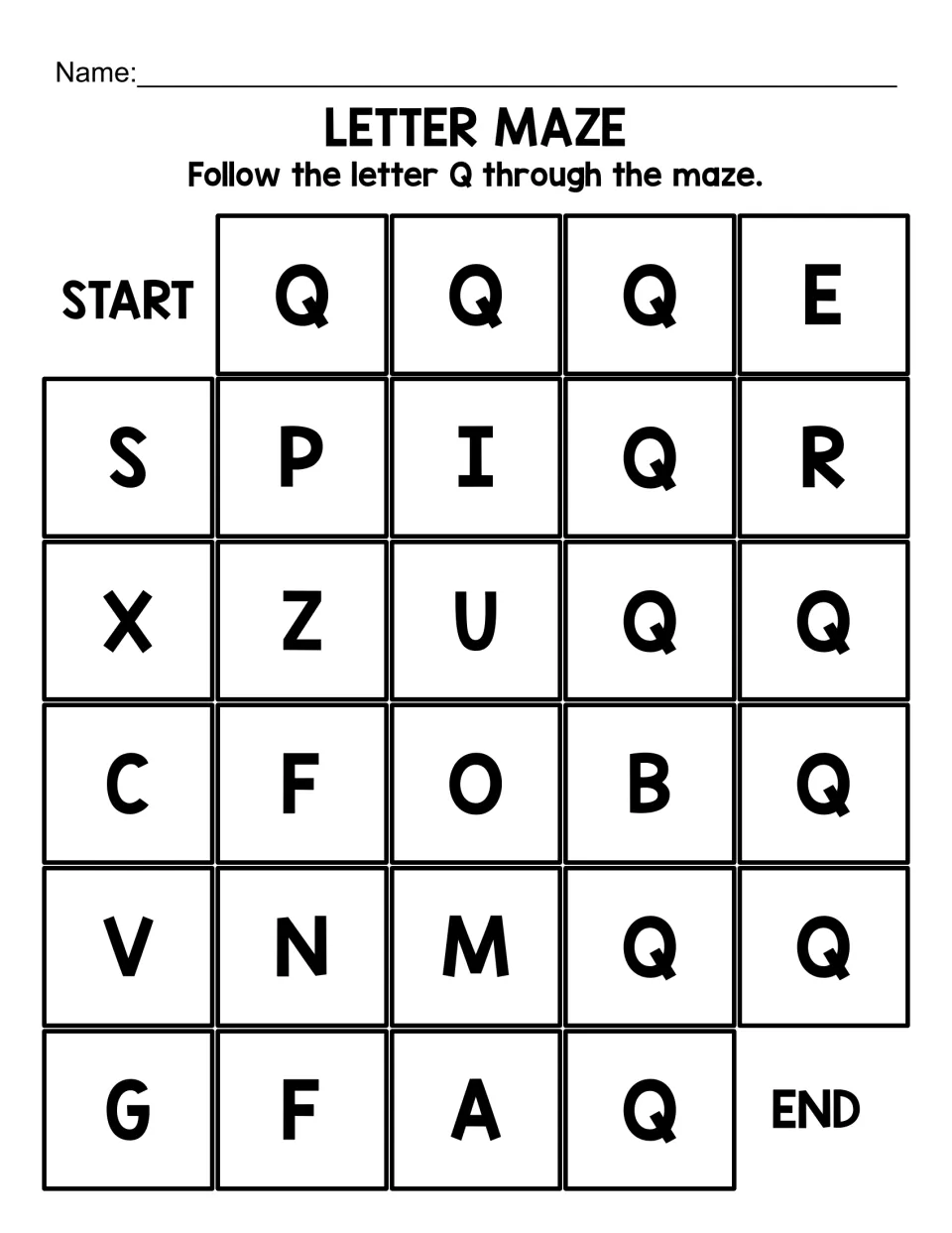 Uppercase Q maze, short version: students follow capital Qs from START to END past letters like E, R, S and B