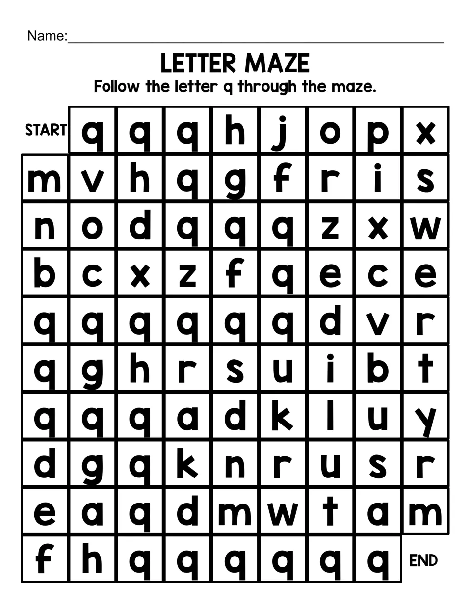 Lowercase q letter maze: students follow a path of small q letters from START to END among mixed lowercase letters