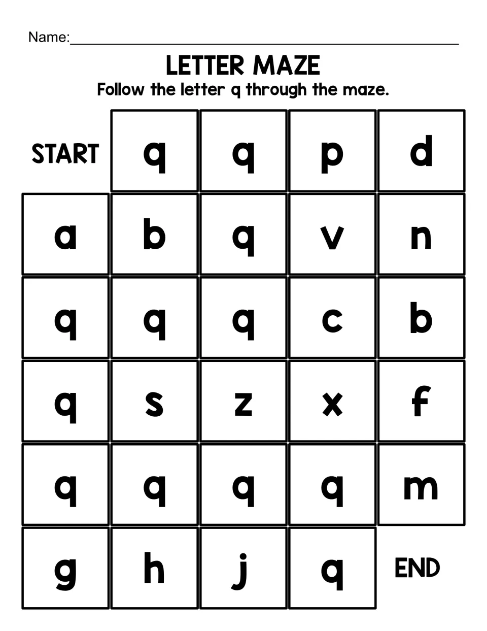 Lowercase q maze, short version: students trace small q letters from START to END, passing look-alikes p, d, b and g