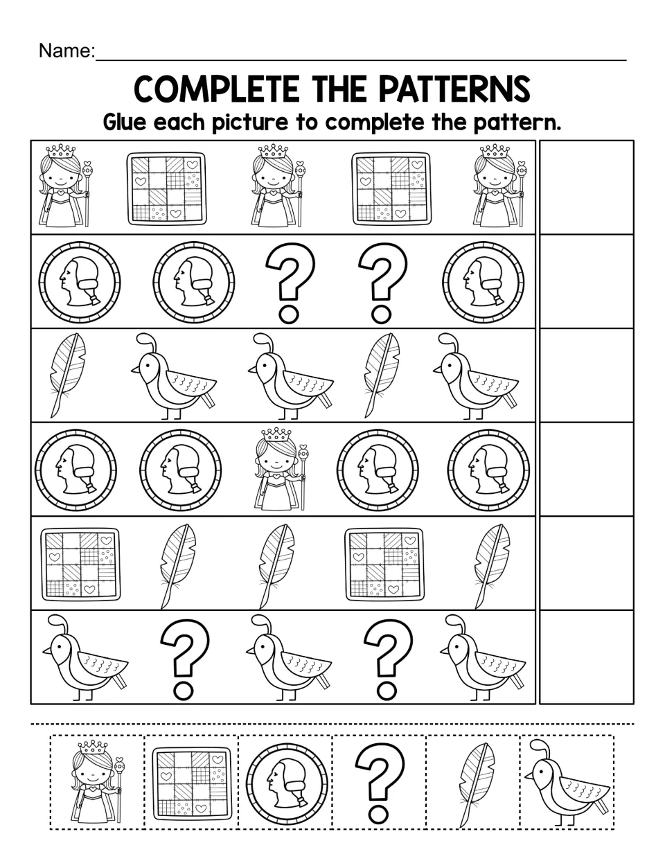 Complete the patterns: students cut out Q pictures like queen, quilt, quarter and quail and glue one to end each row