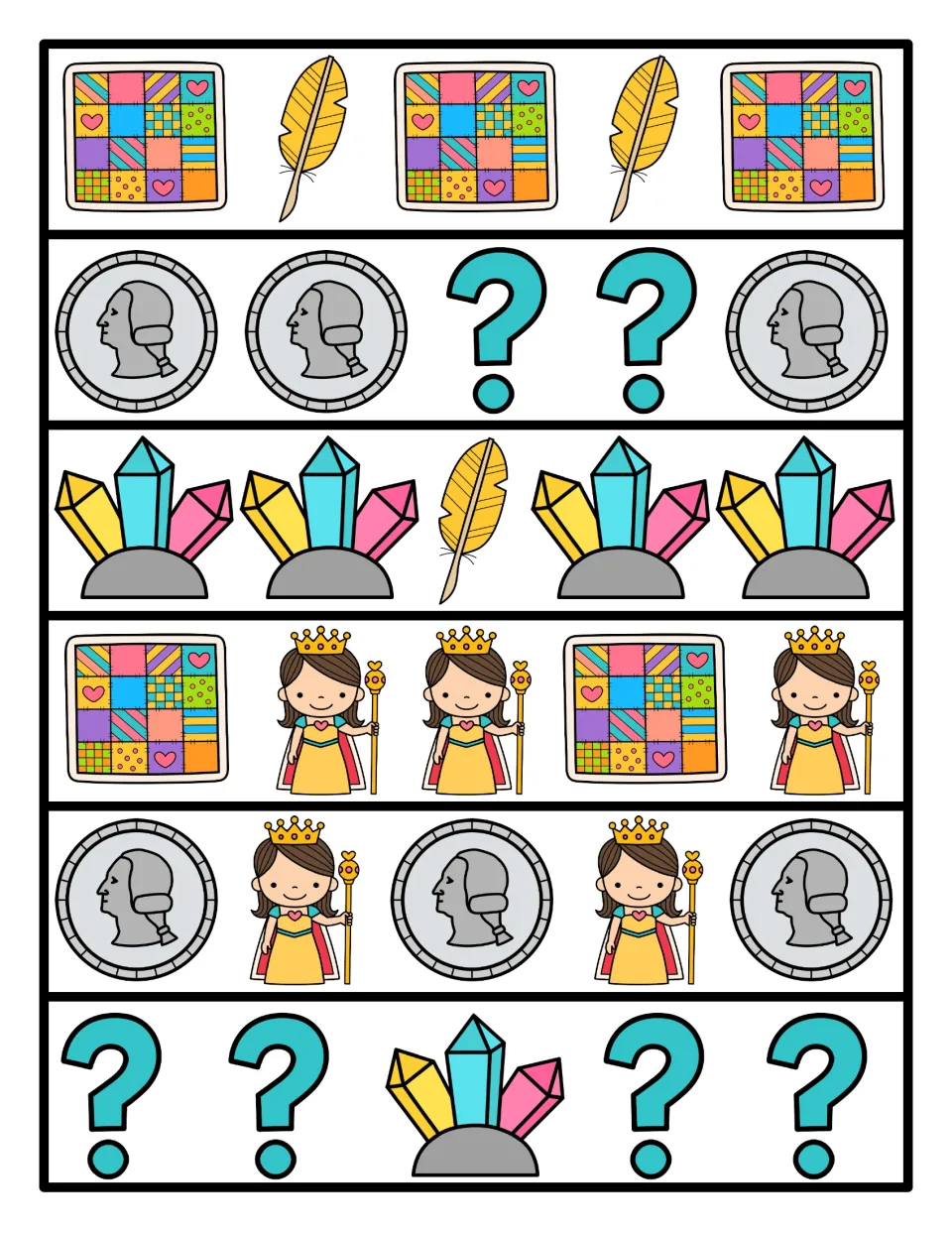 Color pattern rows of Q pictures: quilts, quills, quarters, question marks, quartz and queens repeat in six strips of five