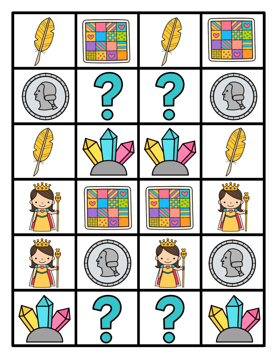 Four-picture Q patterns in color: quills, quilts, quarters, question marks, quartz and queens in ABAB or ABBA order