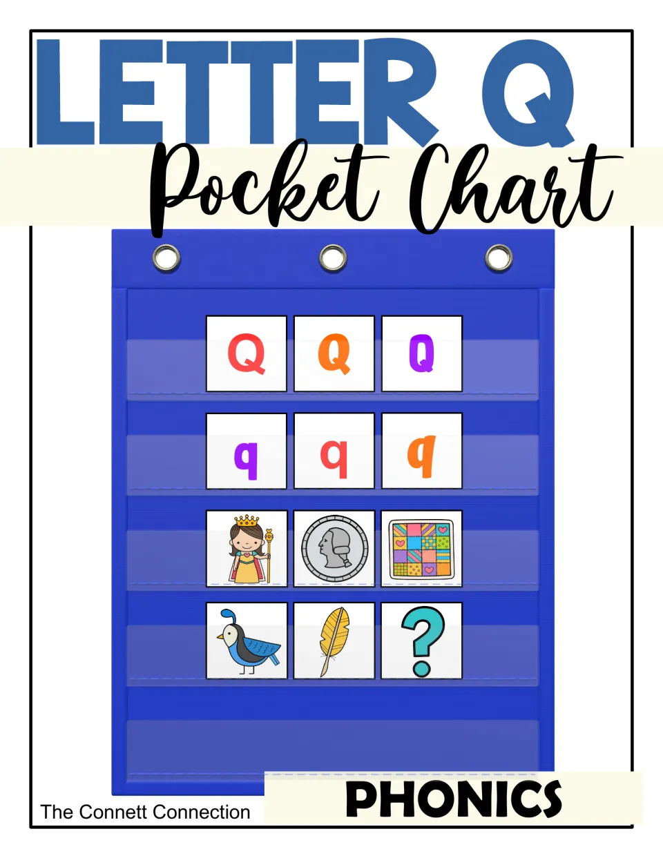 Letter Q pocket chart cover: uppercase and lowercase Q cards plus queen, quarter, quilt, quail and quill picture cards
