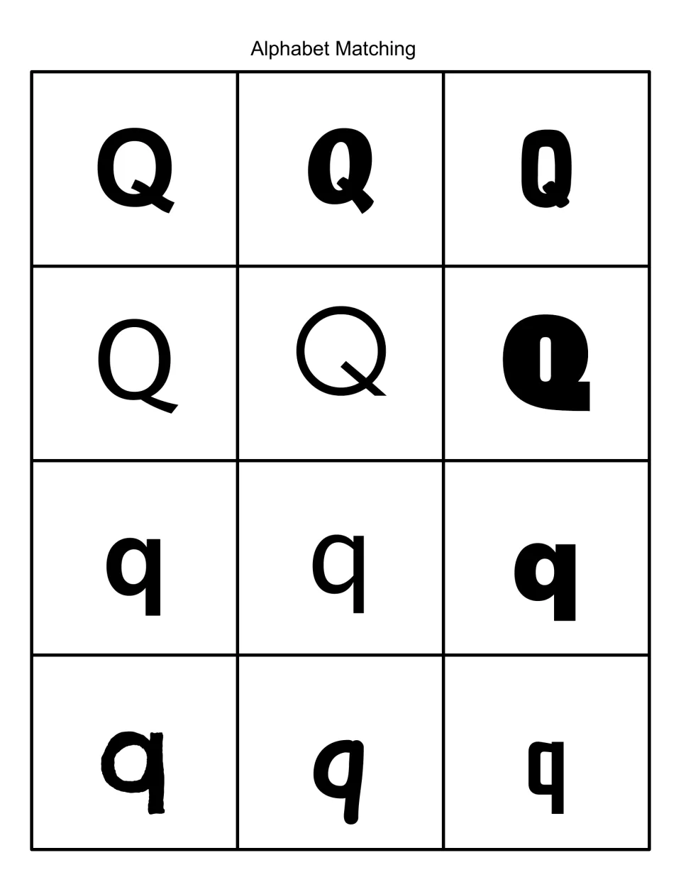 Alphabet Matching: 12 black-and-white cards showing uppercase Q and lowercase q in different fonts for letter recognition