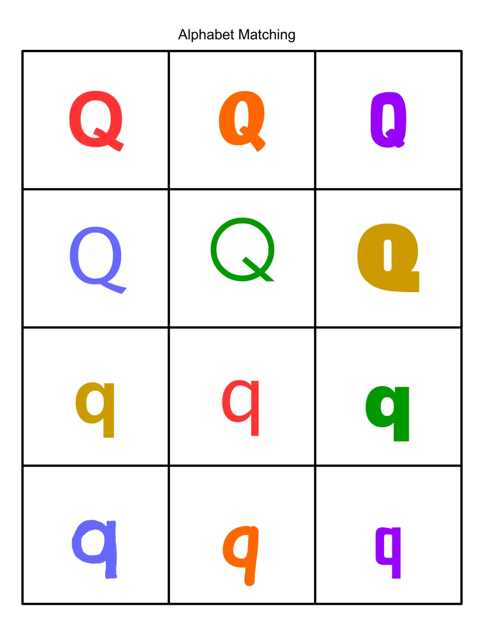 Alphabet Matching in color: 12 cards of uppercase Q and lowercase q in varied fonts for sorting capital and small letters